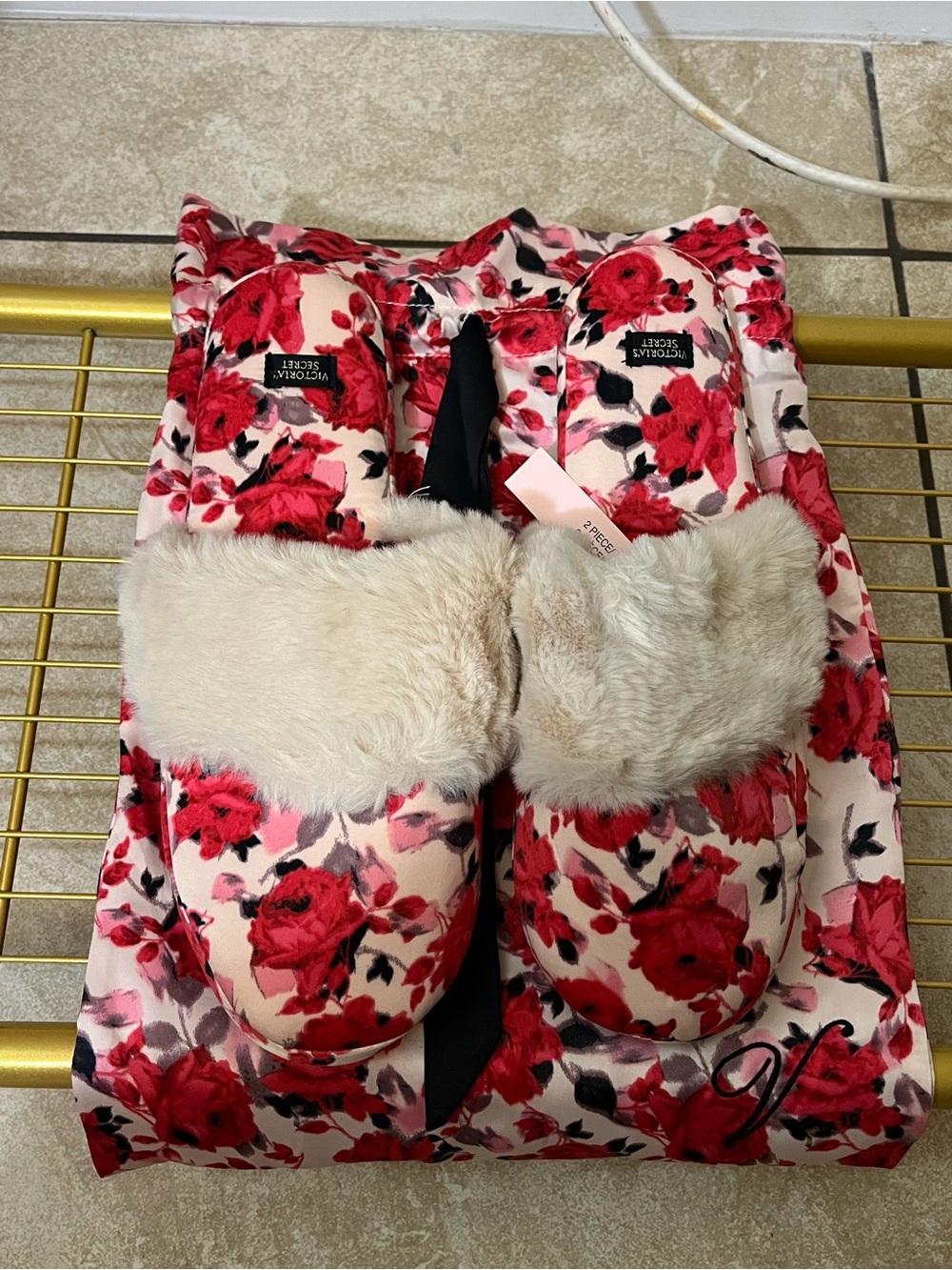 Victoria's Secret Rose Print Slippers with Cream Faux Fur